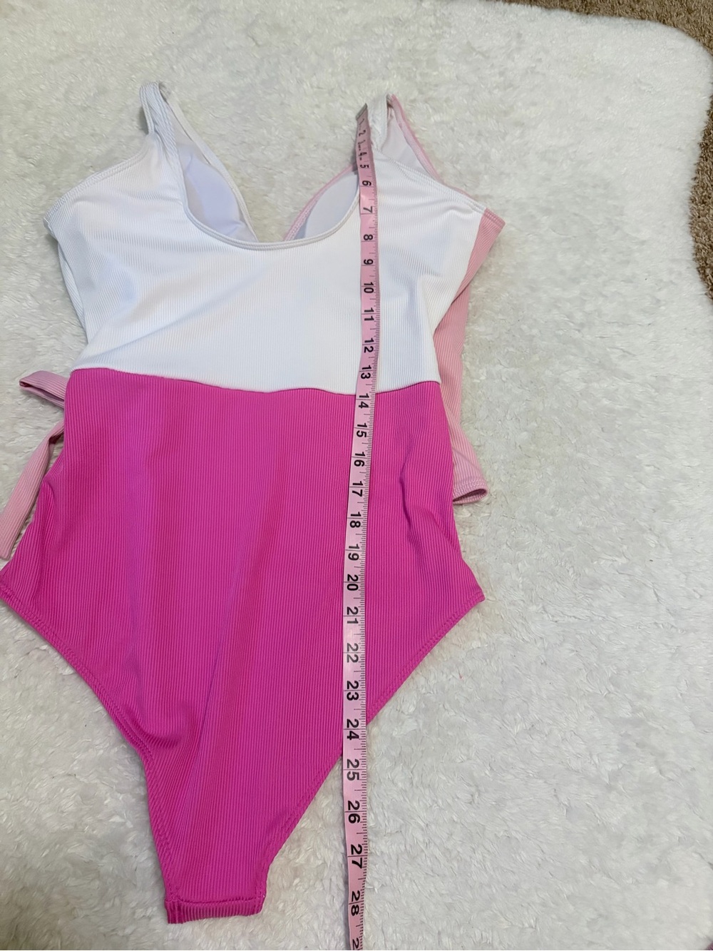 Pink & White large Colorblock Ribbed Wrap One-Piece Swimsuit - Picture 3 of 6